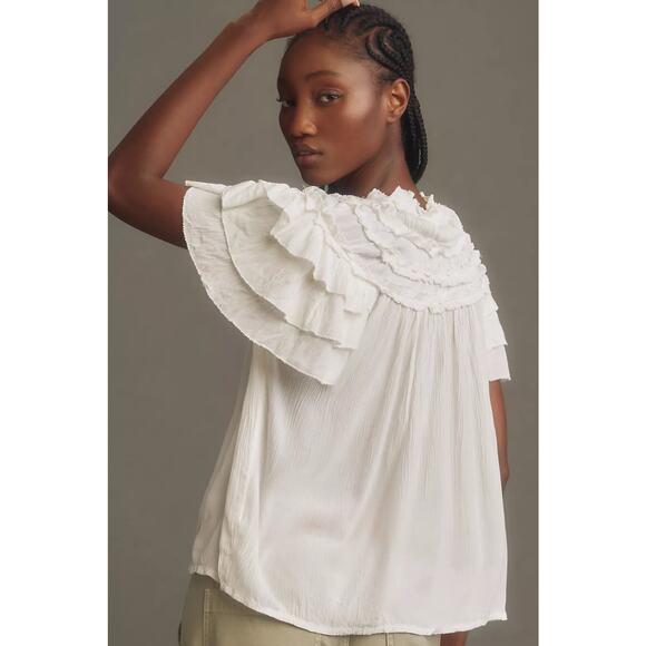 Anthropologie Maeve Short Sleeve Ruffle Yoke Blouse in White - Picture 11 of 11